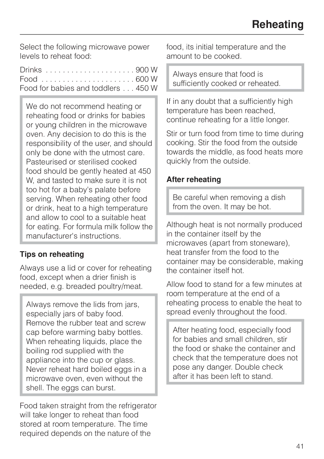 Miele M 8261 manual Reheating, Tips on reheating, After reheating 