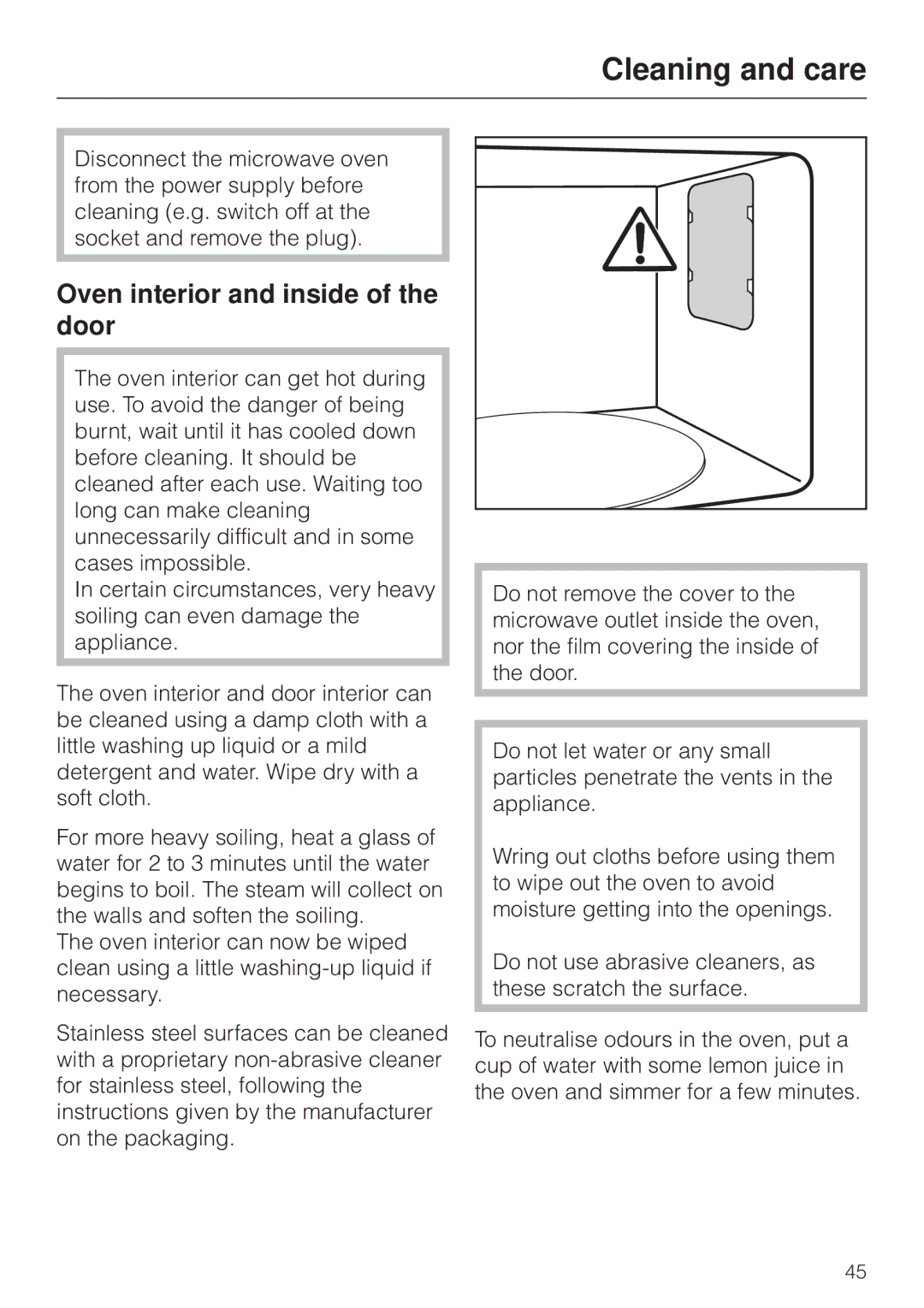 Miele M 8261 manual Cleaning and care, Oven interior and inside of the door 