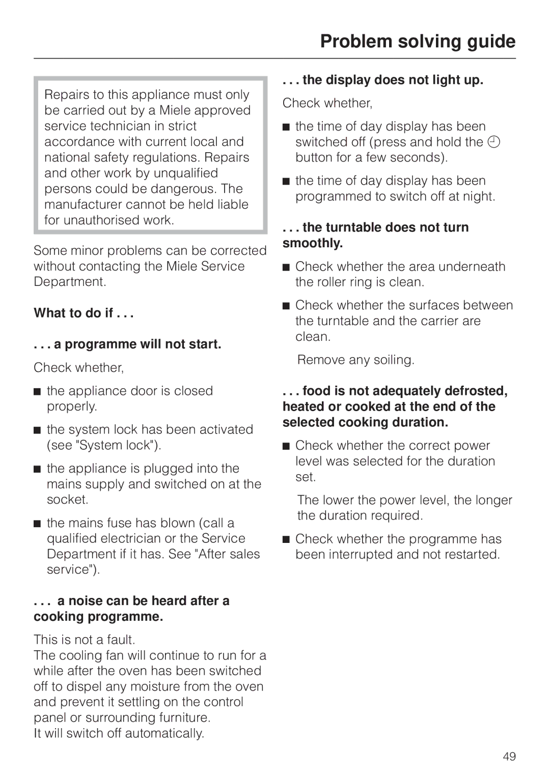 Miele M 8261 Problem solving guide, What to do if Programme will not start, Noise can be heard after a cooking programme 