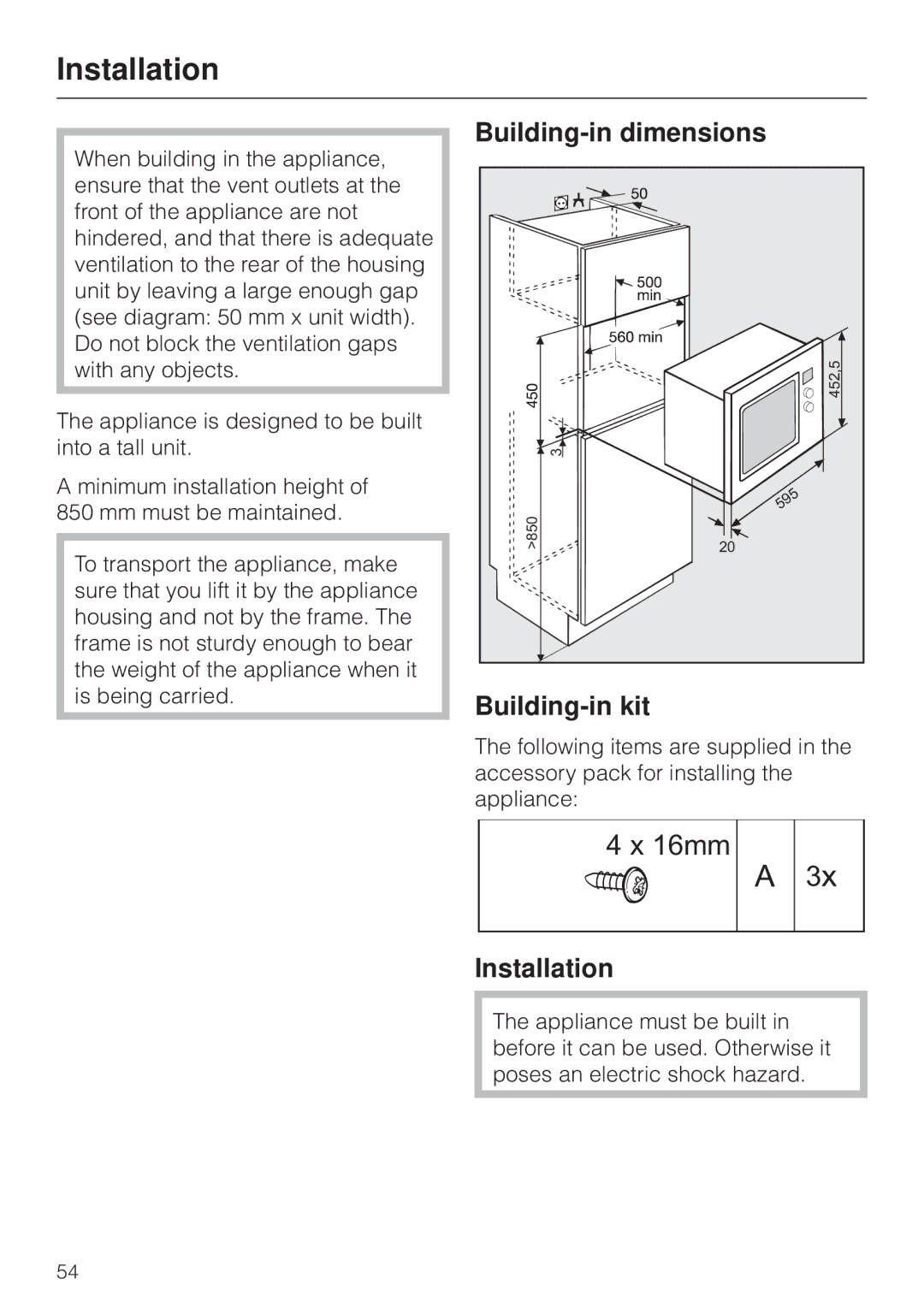 Miele M 8261 manual Installation, Building-in dimensions, Building-in kit 