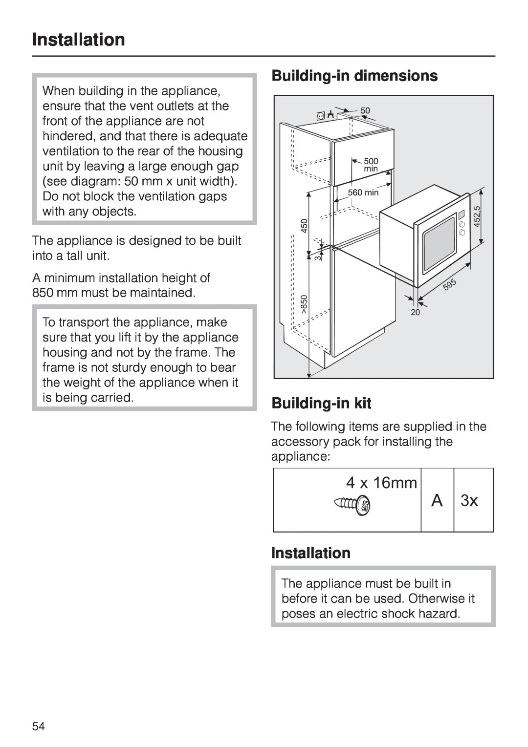 Miele M 8261 manual Installation, Building-in dimensions, Building-in kit, 4 x 16mm 