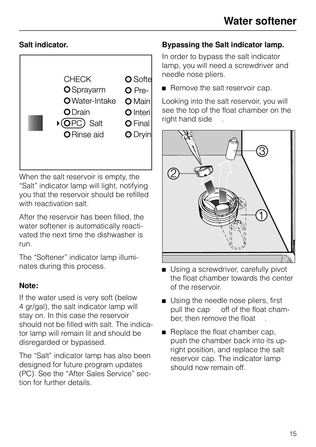 Miele M.-NR. 04 390 922 operating instructions Bypassing the Salt indicator lamp 