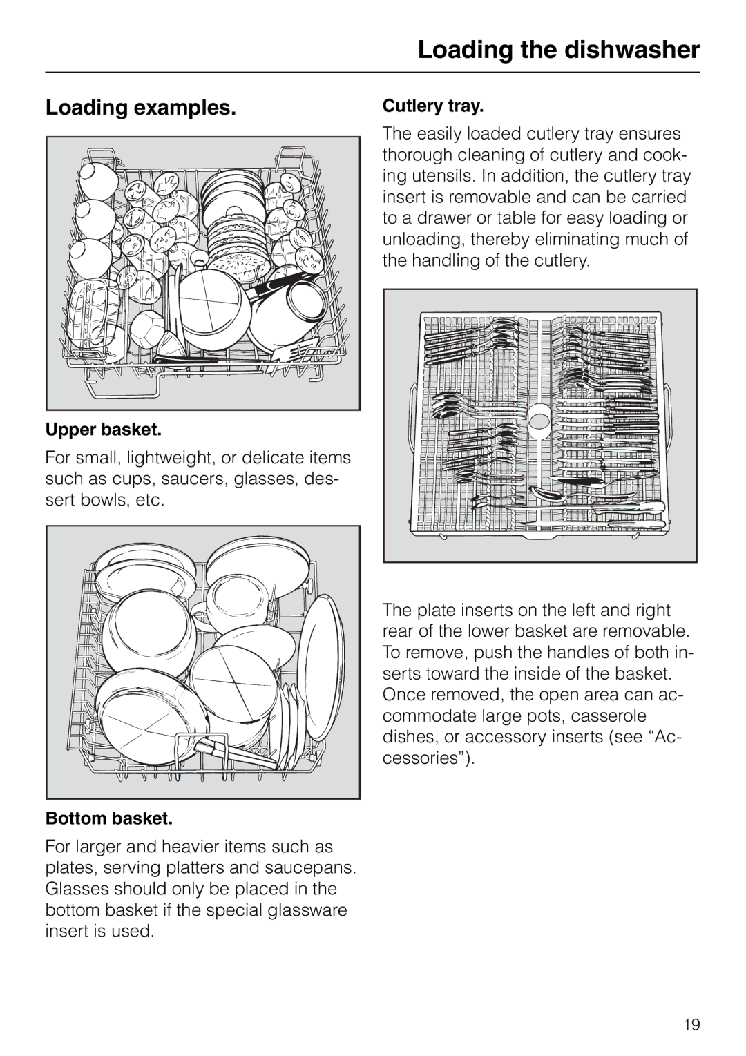 Miele M.-NR. 04 390 922 operating instructions Loading examples, Upper basket, Bottom basket, Cutlery tray 