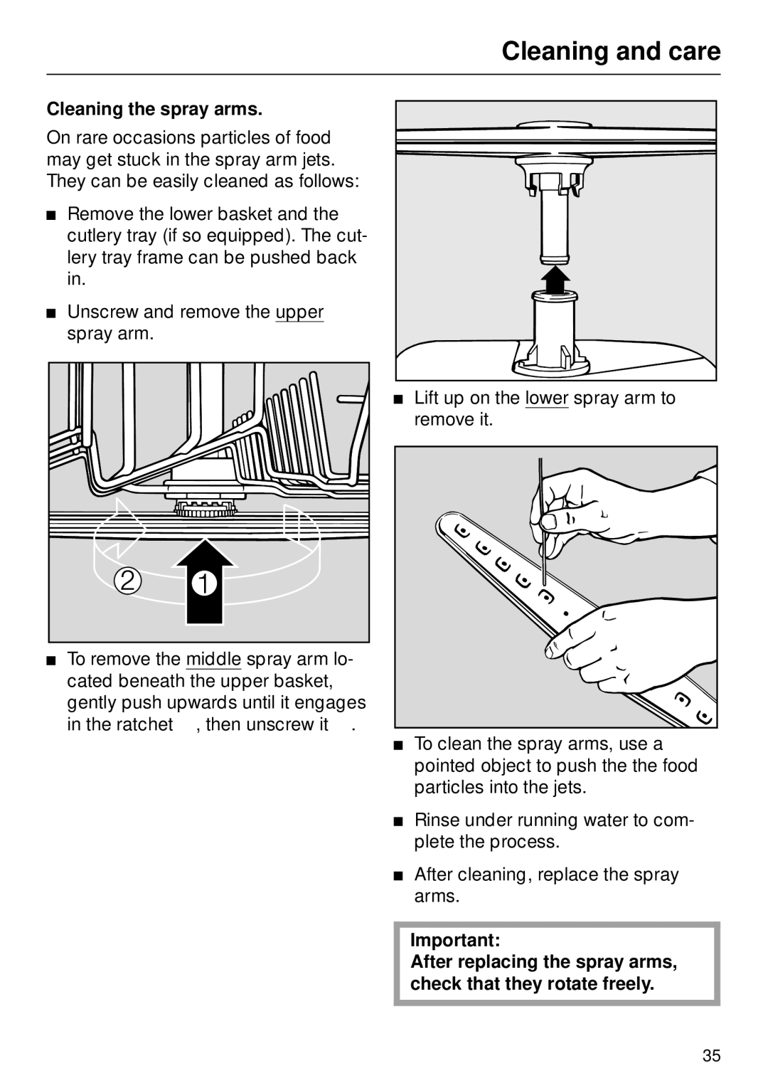 Miele M.-NR. 04 390 922 operating instructions Cleaning the spray arms 