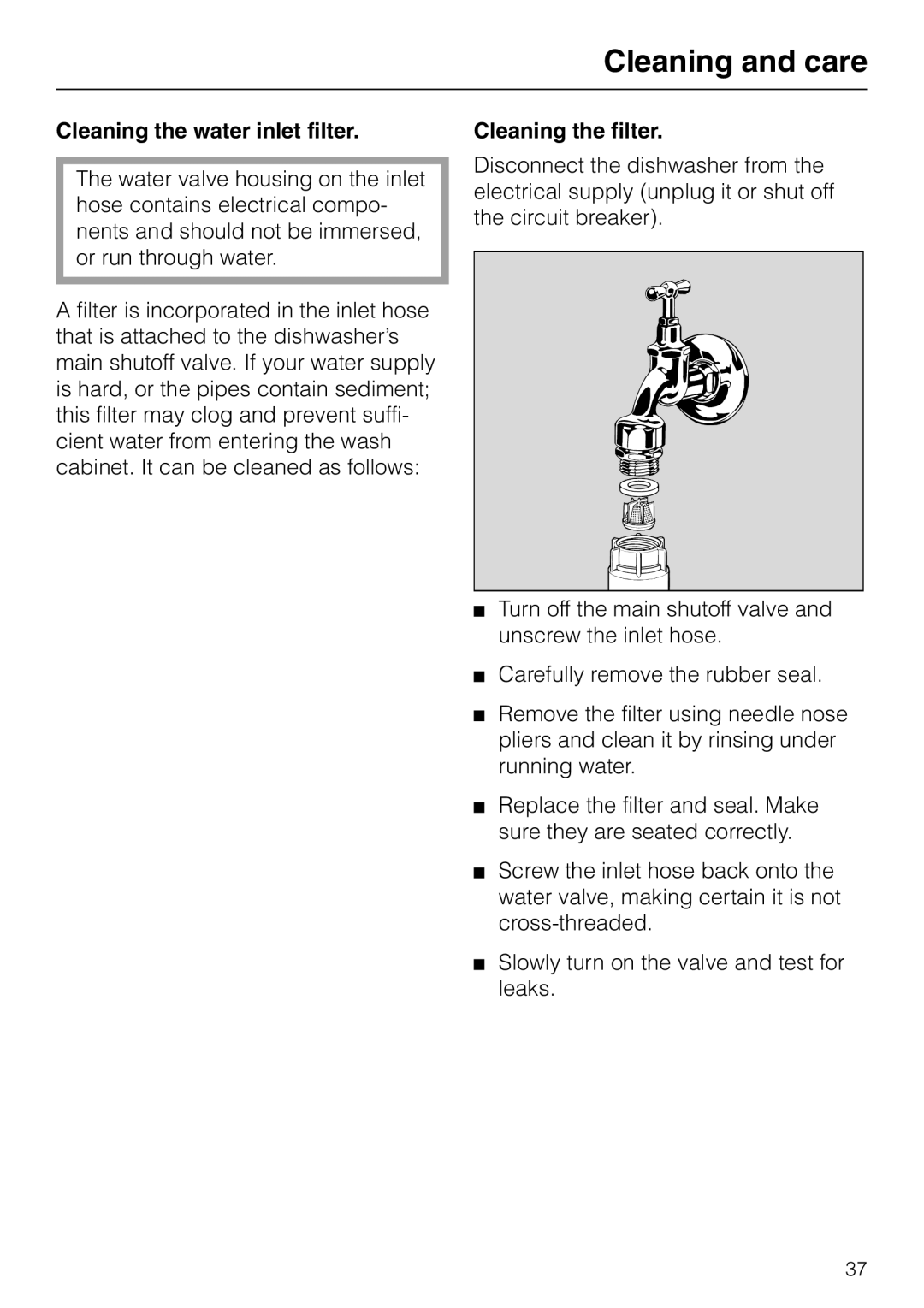 Miele M.-NR. 04 390 922 operating instructions Cleaning the water inlet filter, Cleaning the filter 