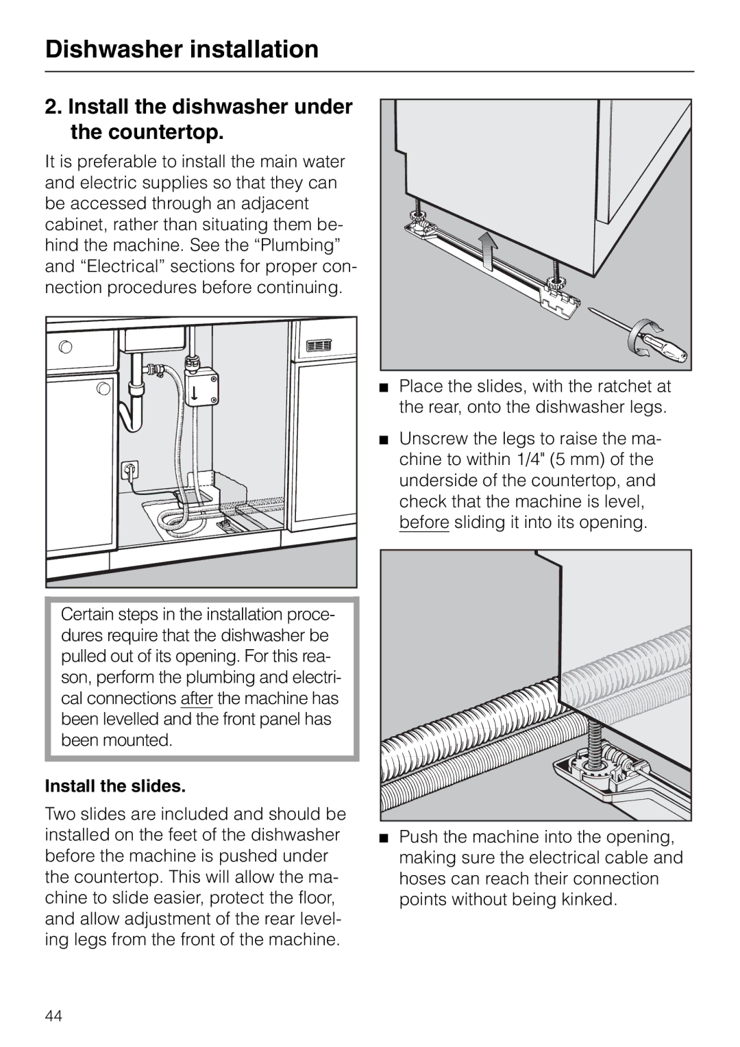 Miele M.-NR. 04 390 922 operating instructions Install the dishwasher under the countertop, Install the slides 