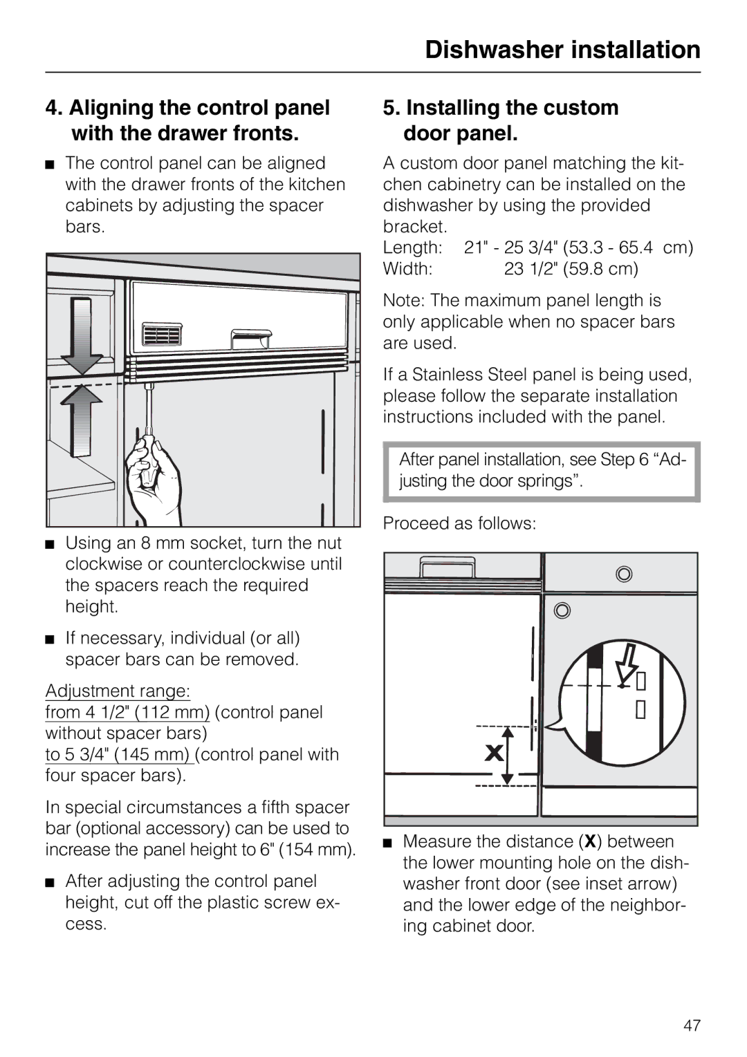 Miele M.-NR. 04 390 922 Aligning the control panel with the drawer fronts, Installing the custom door panel 