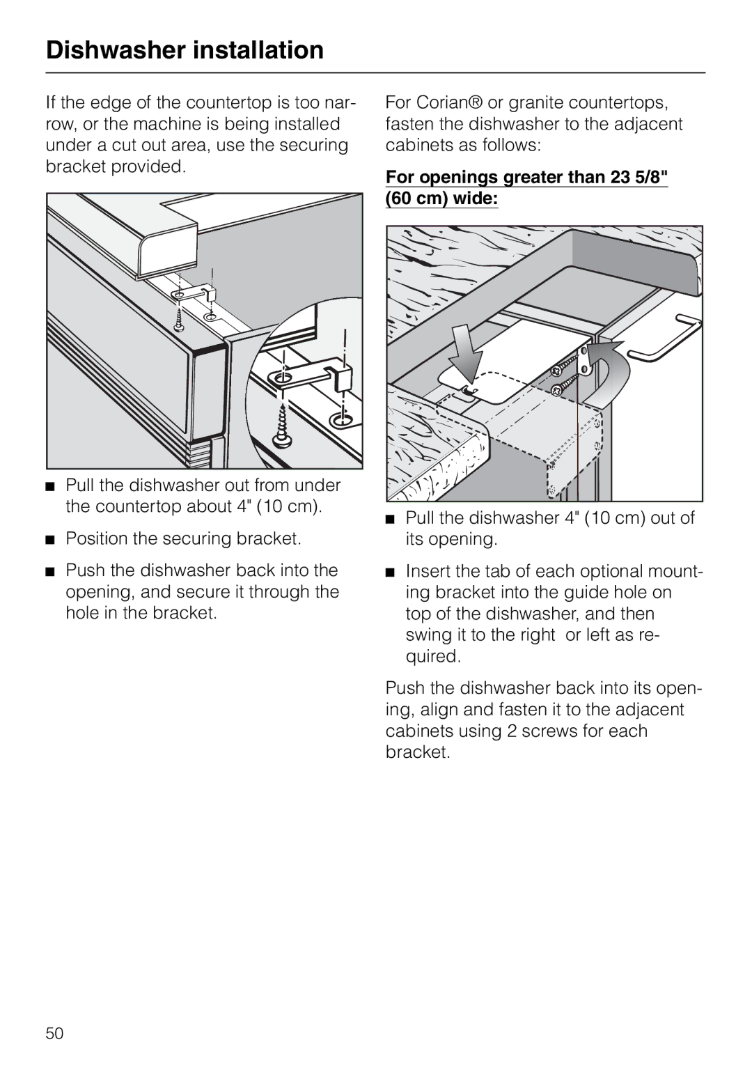 Miele M.-NR. 04 390 922 operating instructions For openings greater than 23 5/8 Cm wide 