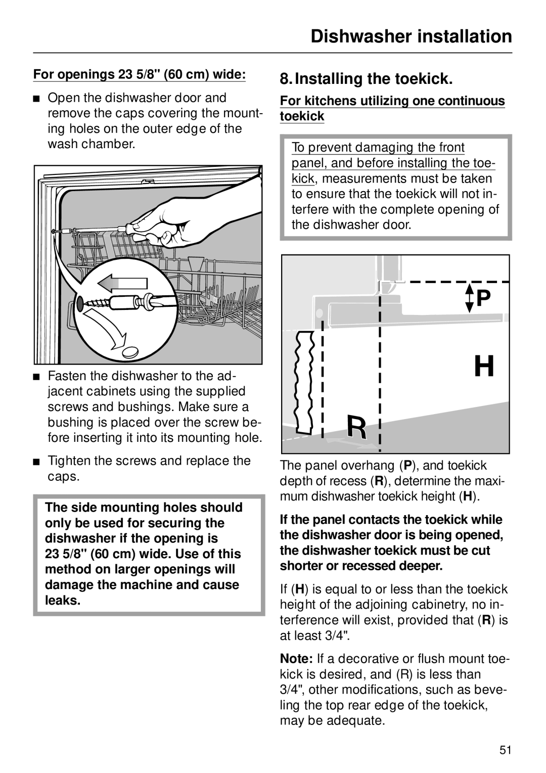 Miele M.-NR. 04 390 922 operating instructions Installing the toekick, For openings 23 5/8 60 cm wide 