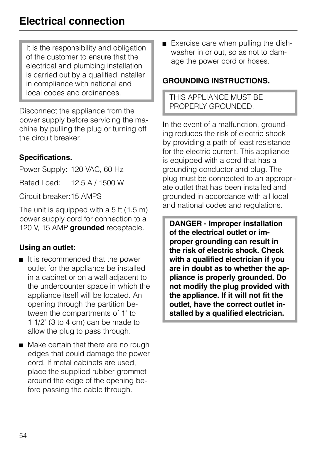 Miele M.-NR. 04 390 922 operating instructions Electrical connection, Specifications, Using an outlet 