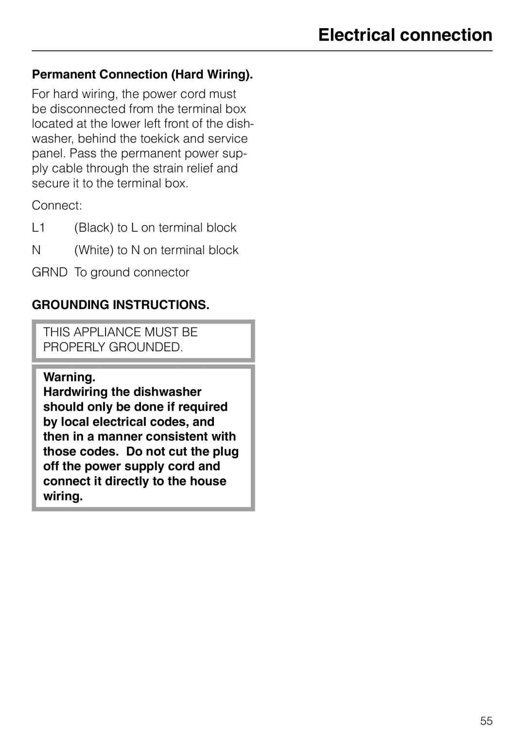 Miele M.-NR. 04 390 922 operating instructions Permanent Connection Hard Wiring 