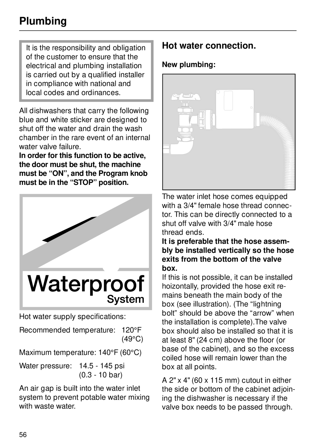 Miele M.-NR. 04 390 922 operating instructions Plumbing, Hot water connection, New plumbing 