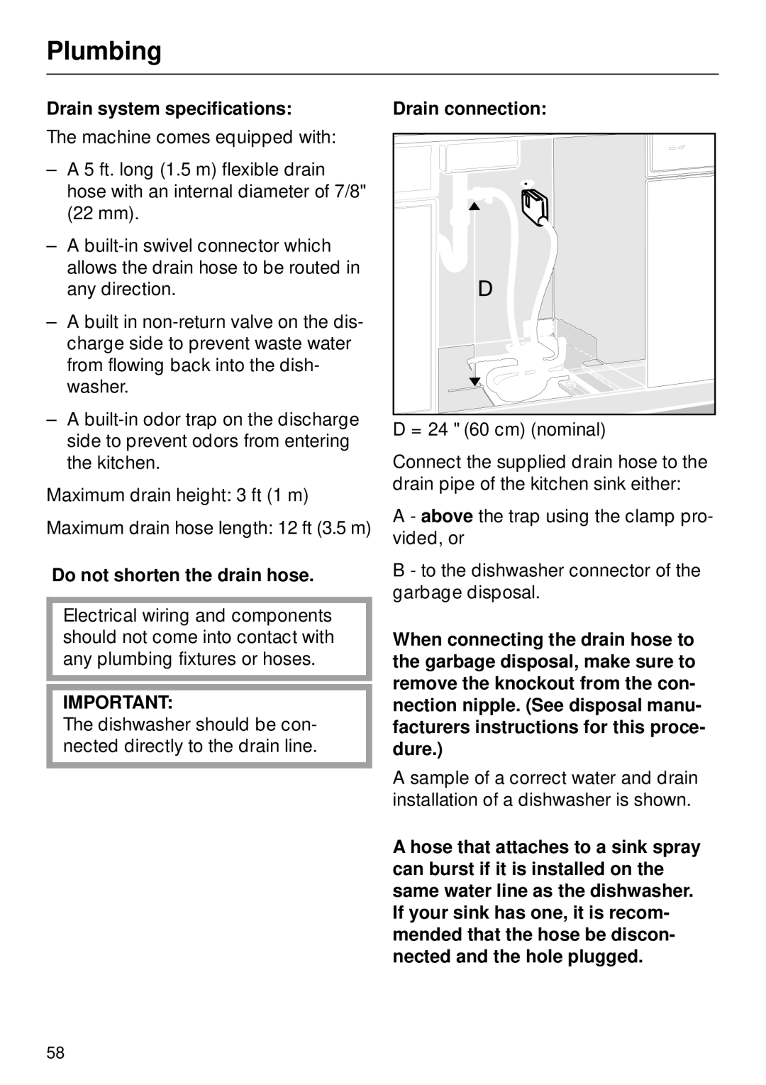 Miele M.-NR. 04 390 922 operating instructions Drain system specifications, Do not shorten the drain hose, Drain connection 