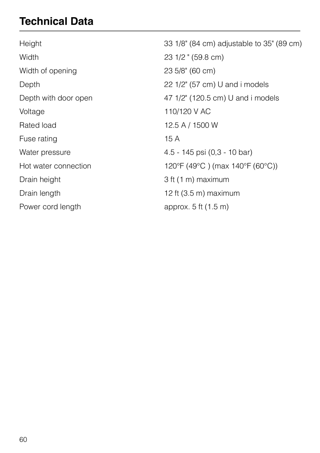 Miele M.-NR. 04 390 922 operating instructions Technical Data 