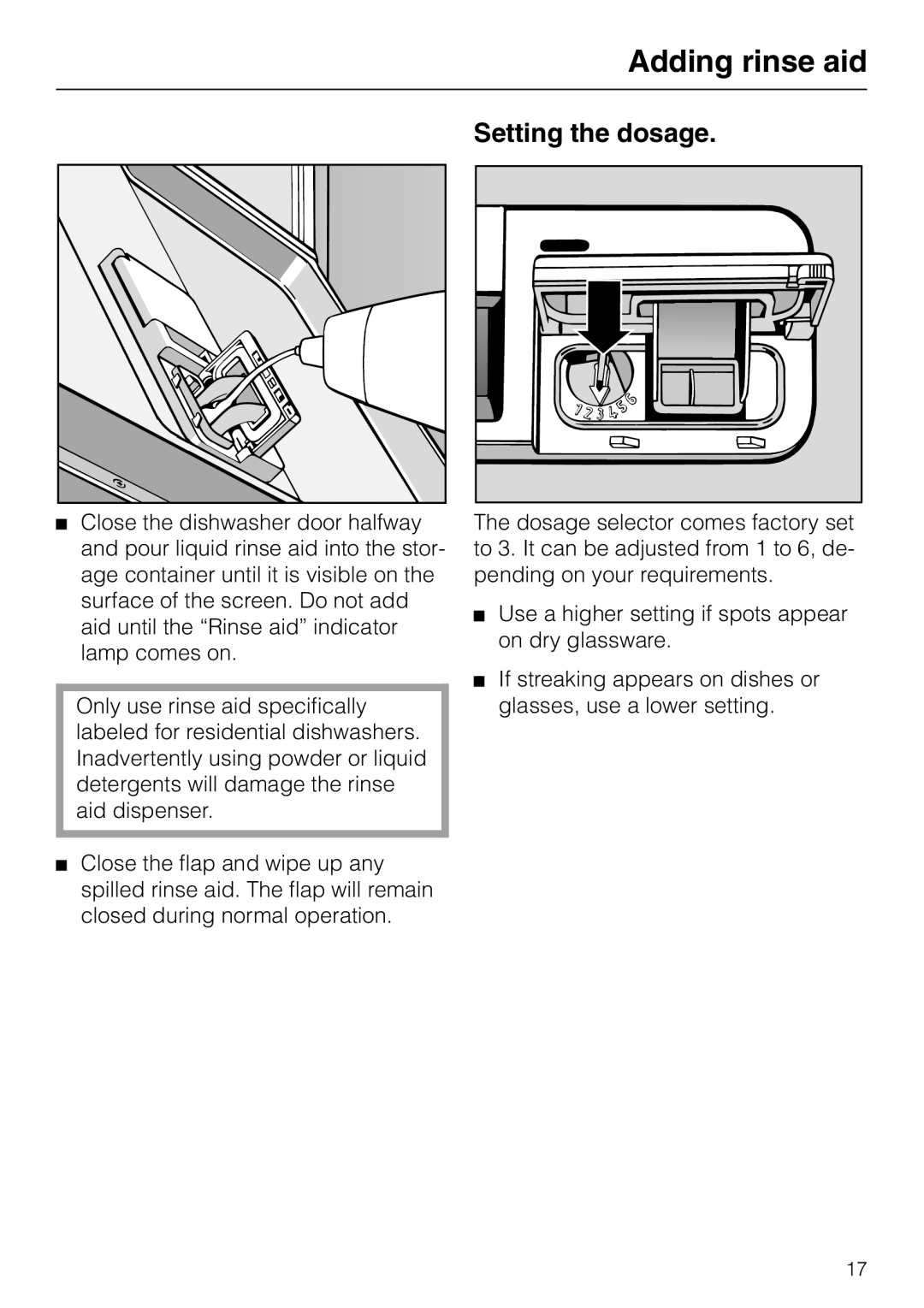 Miele M.-NR. 04 390 922 operating instructions Adding rinse aid, Setting the dosage 