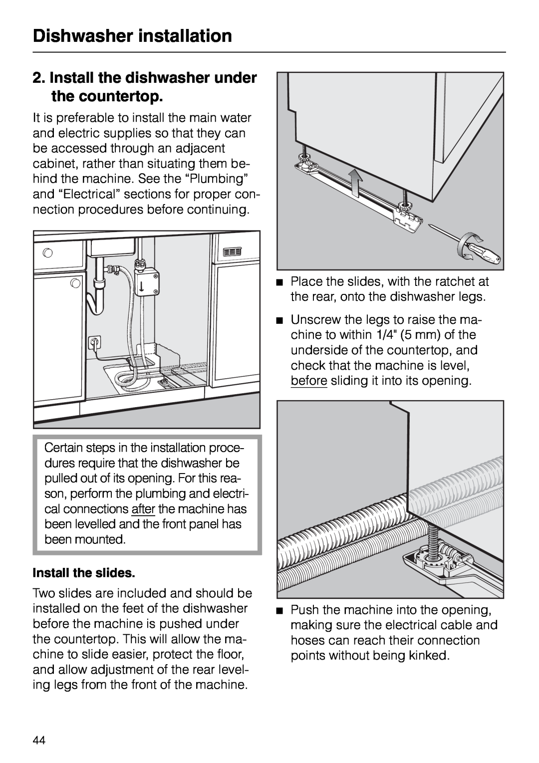 Miele M.-NR. 04 390 922 Dishwasher installation, Install the dishwasher under the countertop, Install the slides 