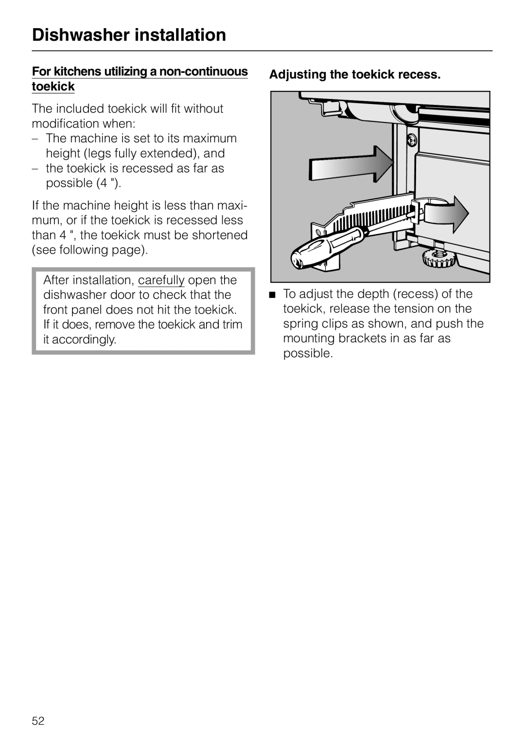 Miele M.-NR. 04 390 922 operating instructions Dishwasher installation, For kitchens utilizing a non-continuoustoekick 