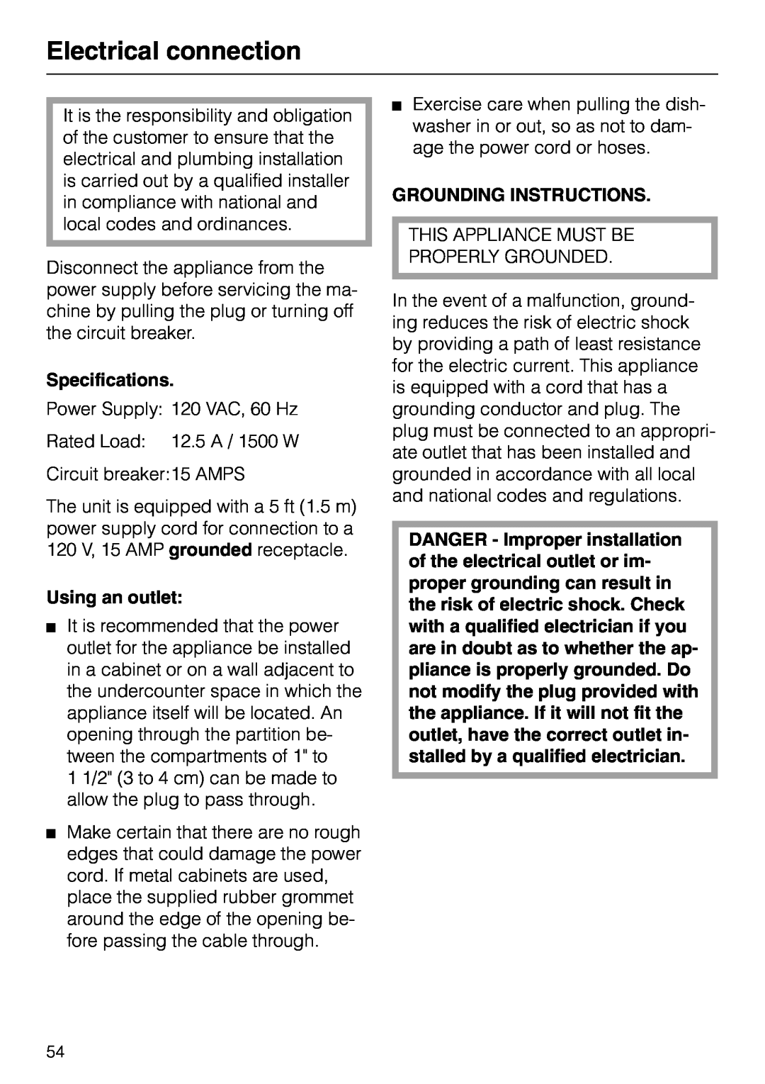 Miele M.-NR. 04 390 922 Electrical connection, Specifications, Using an outlet, Grounding Instructions 