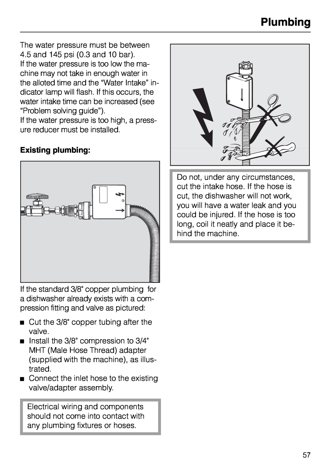 Miele M.-NR. 04 390 922 operating instructions Plumbing, Existing plumbing 
