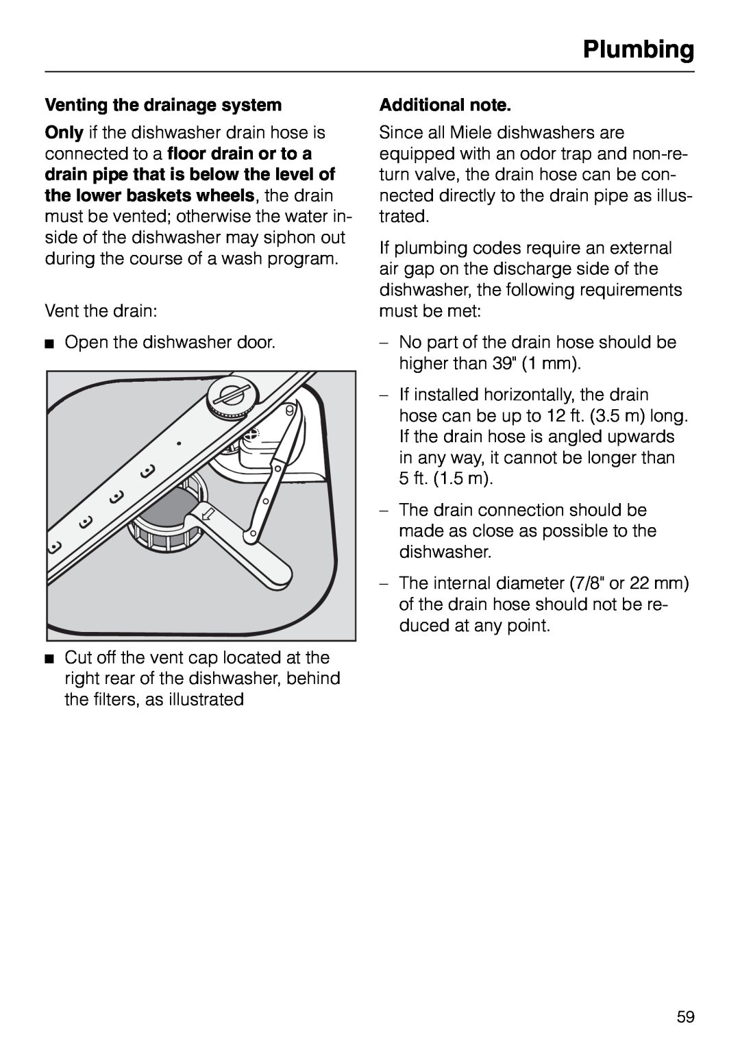 Miele M.-NR. 04 390 922 operating instructions Plumbing, Venting the drainage system, Additional note 