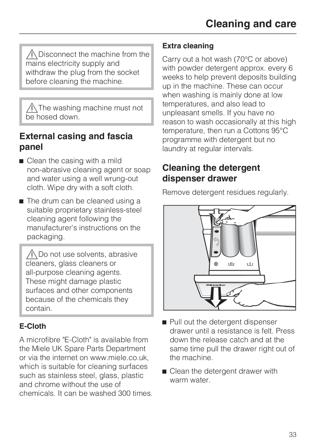 Miele M.-Nr. 06 761 400 Cleaning and care, External casing and fascia panel, Cleaning the detergent dispenser drawer 