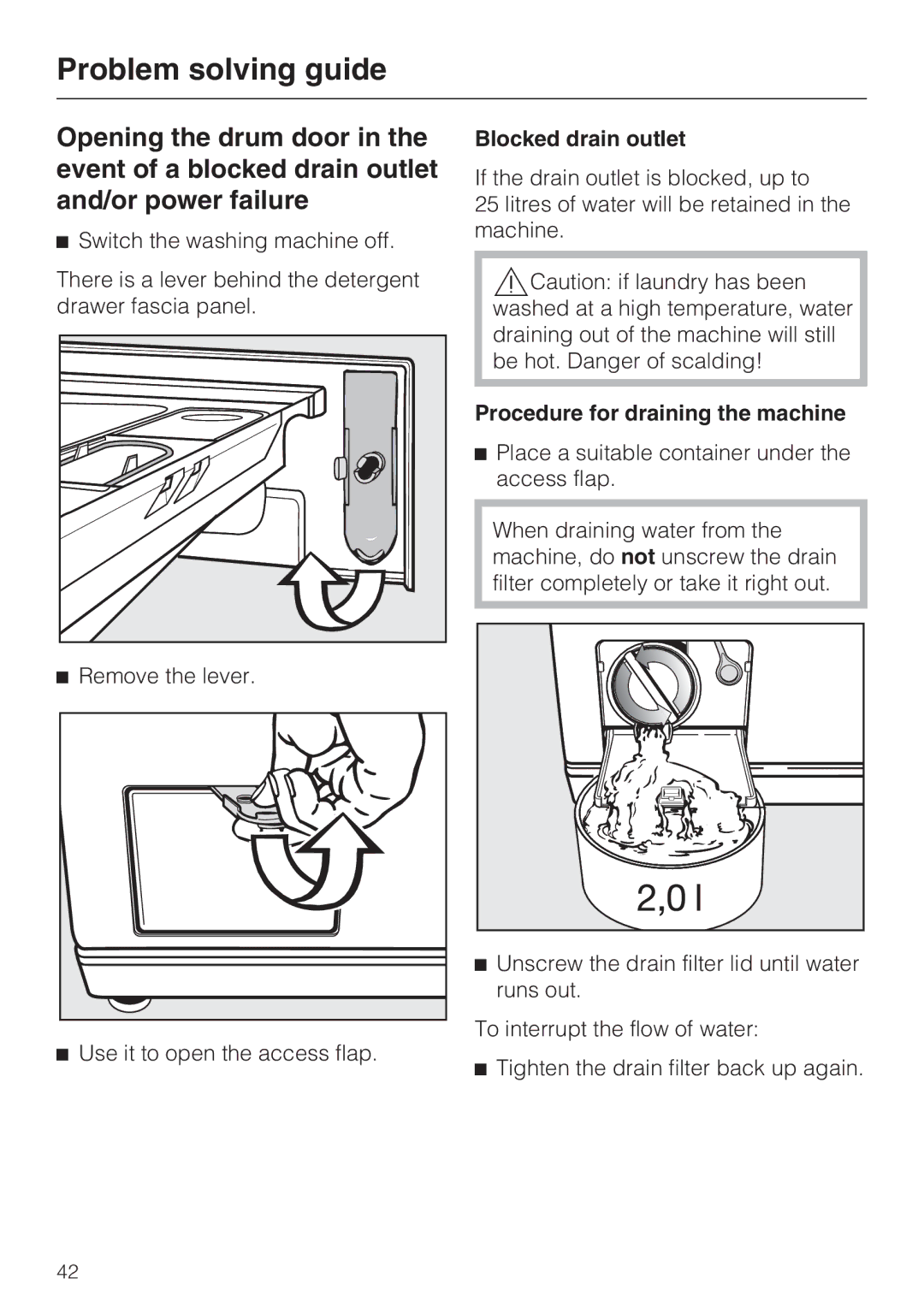 Miele M.-Nr. 06 761 400 operating instructions Blocked drain outlet, Procedure for draining the machine, Remove the lever 