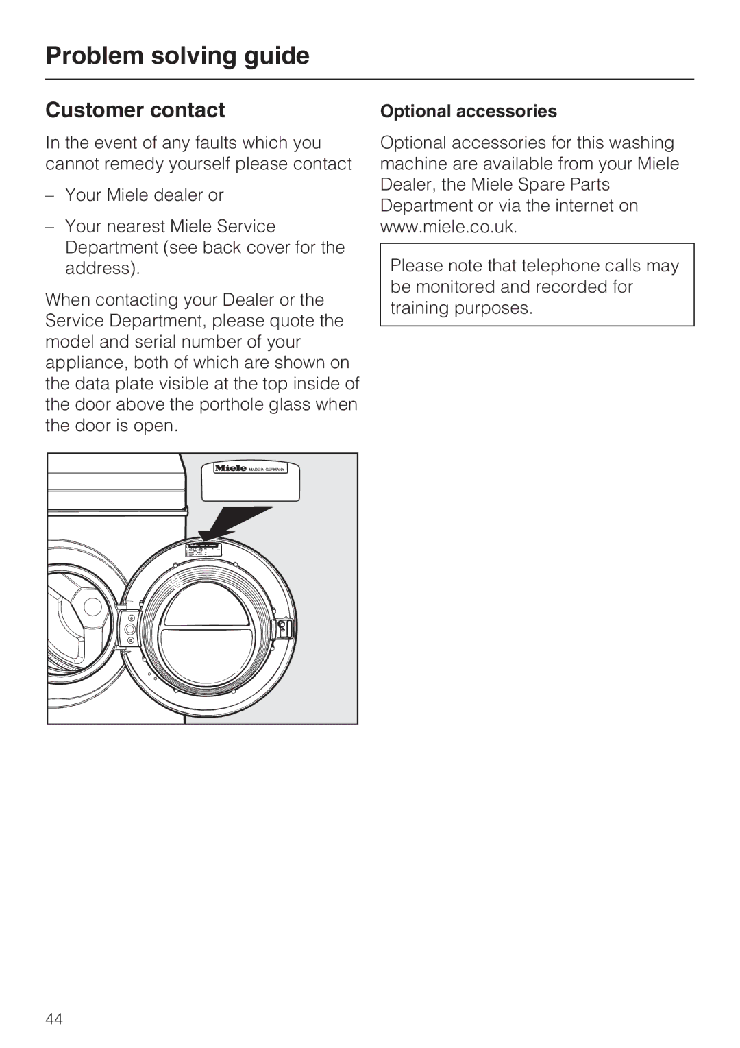 Miele M.-Nr. 06 761 400 operating instructions Customer contact, Optional accessories 