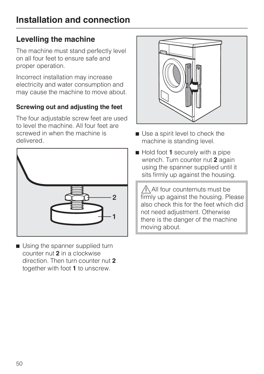 Miele M.-Nr. 06 761 400 operating instructions Levelling the machine, Screwing out and adjusting the feet 