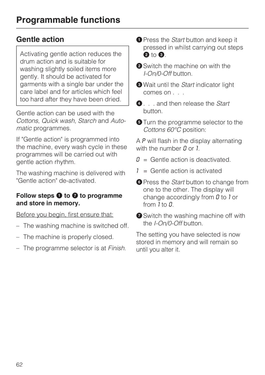 Miele M.-Nr. 06 761 400 operating instructions Gentle action, Follow steps a to G to programme and store in memory 