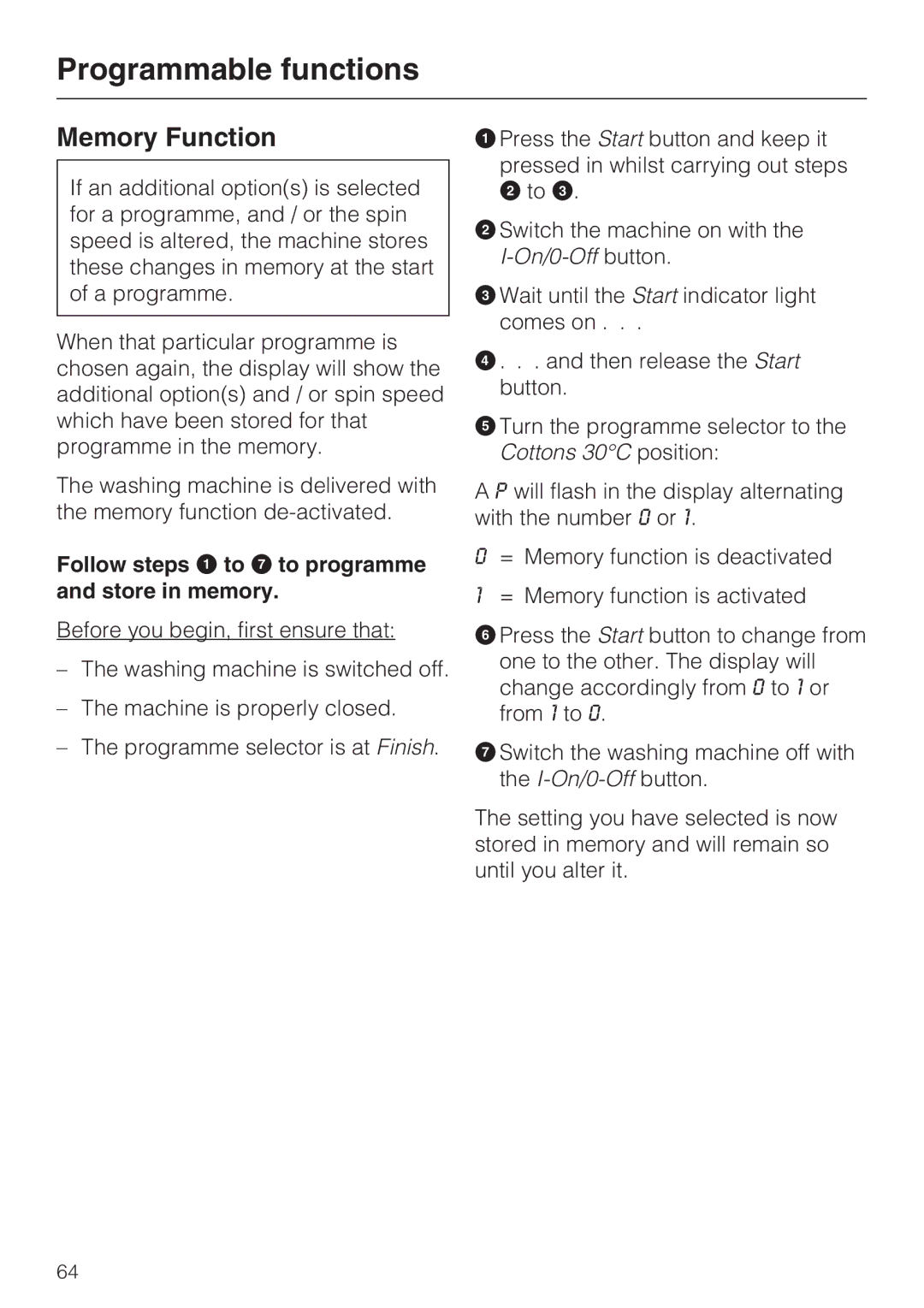 Miele M.-Nr. 06 761 400 operating instructions Memory Function 