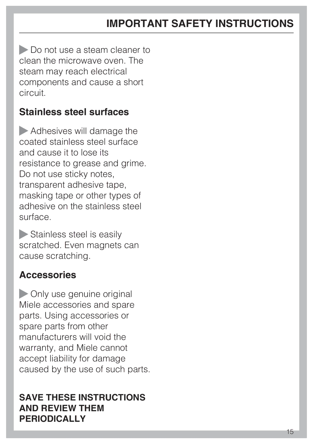 Miele M-Nr 09 798 370 installation instructions Stainless steel surfaces 