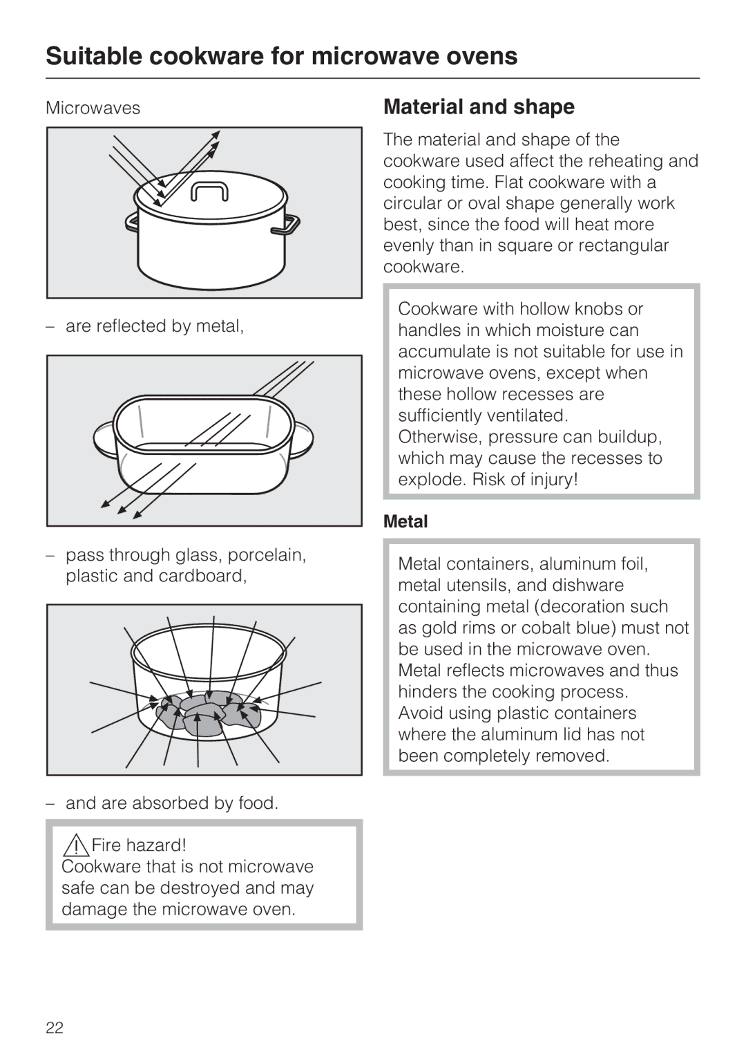 Miele M-Nr 09 798 370 installation instructions Suitable cookware for microwave ovens, Material and shape, Metal 