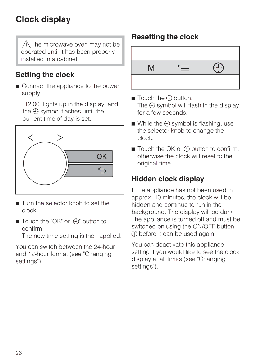 Miele M-Nr 09 798 370 installation instructions Clock display, Setting the clock, Resetting the clock, Hidden clock display 