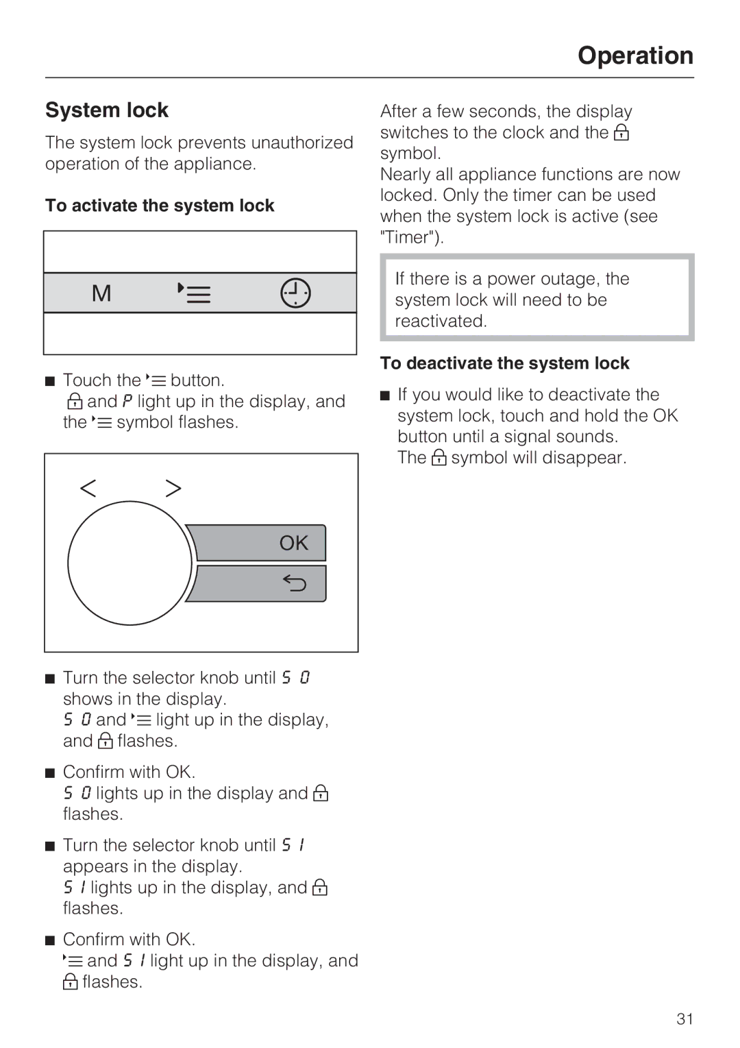 Miele M-Nr 09 798 370 installation instructions System lock, To activate the system lock, To deactivate the system lock 