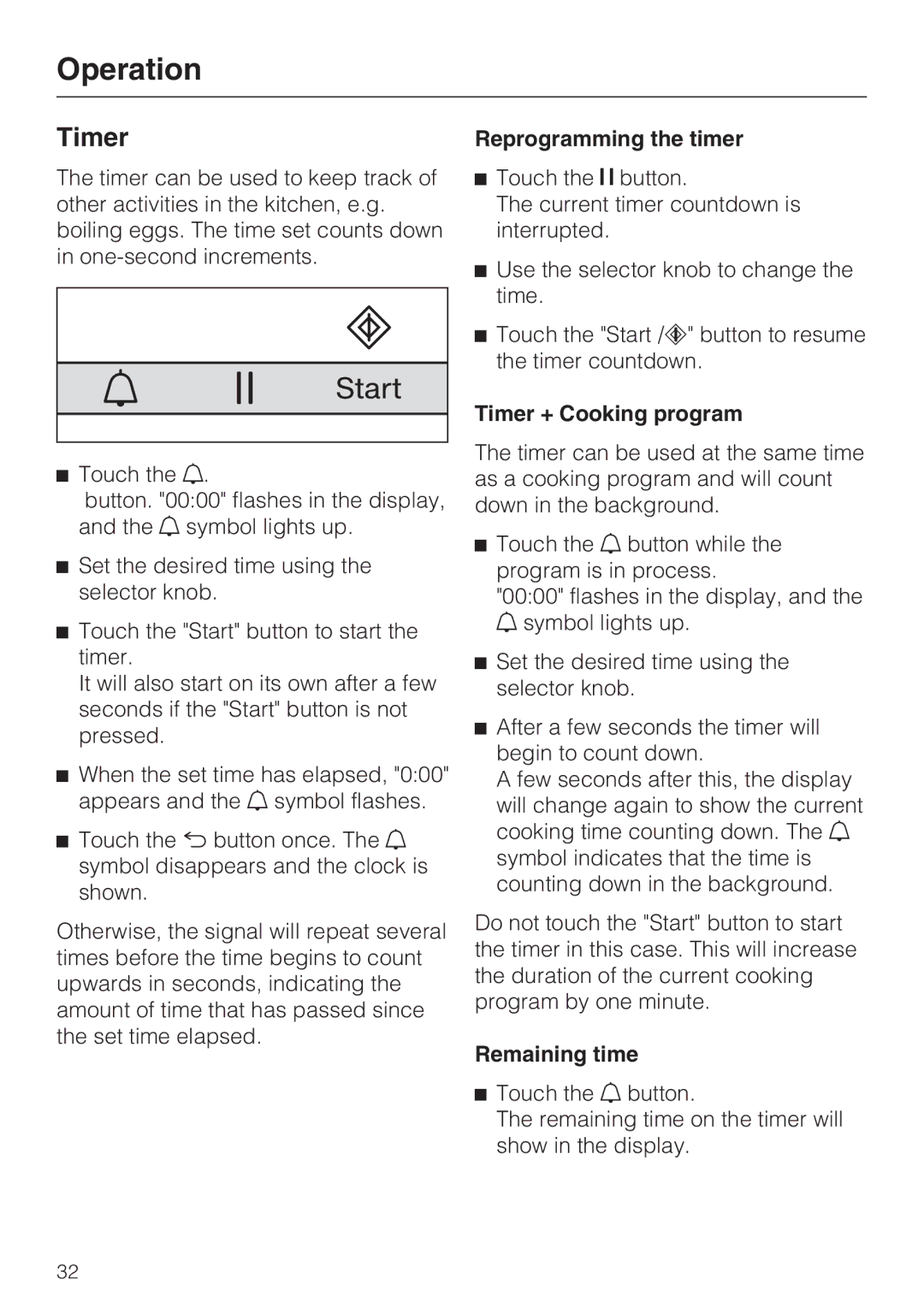 Miele M-Nr 09 798 370 installation instructions Reprogramming the timer, Timer + Cooking program, Remaining time 