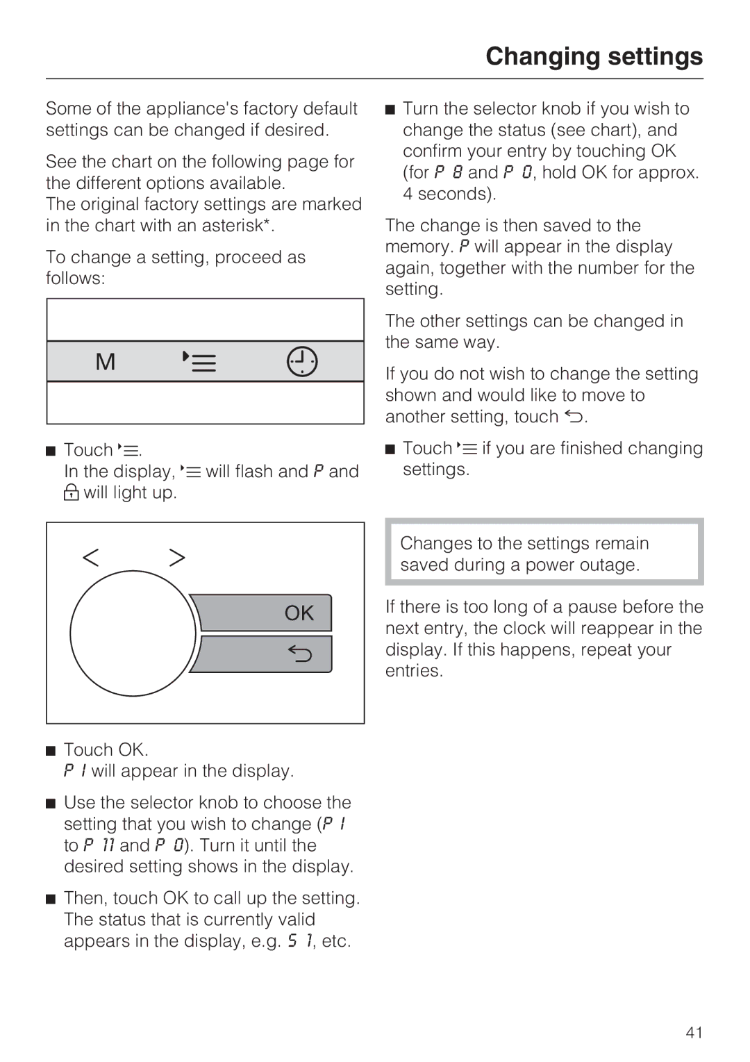 Miele M-Nr 09 798 370 installation instructions Changing settings 