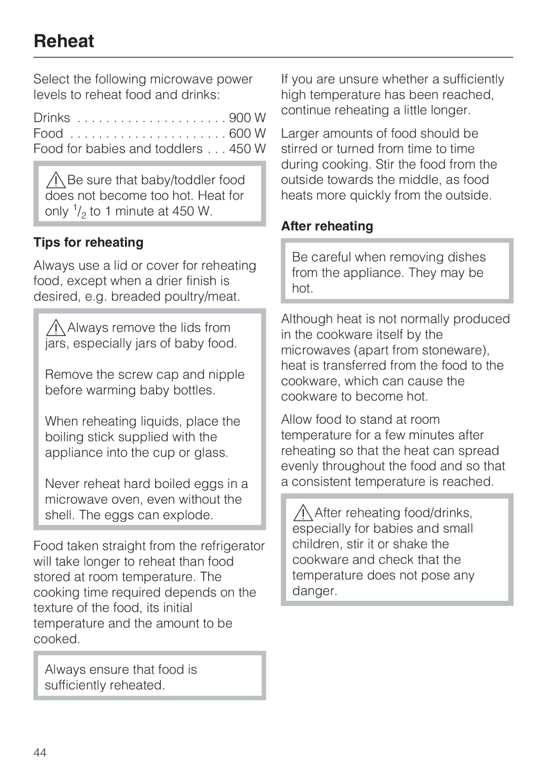 Miele M-Nr 09 798 370 installation instructions Reheat, Tips for reheating, After reheating 