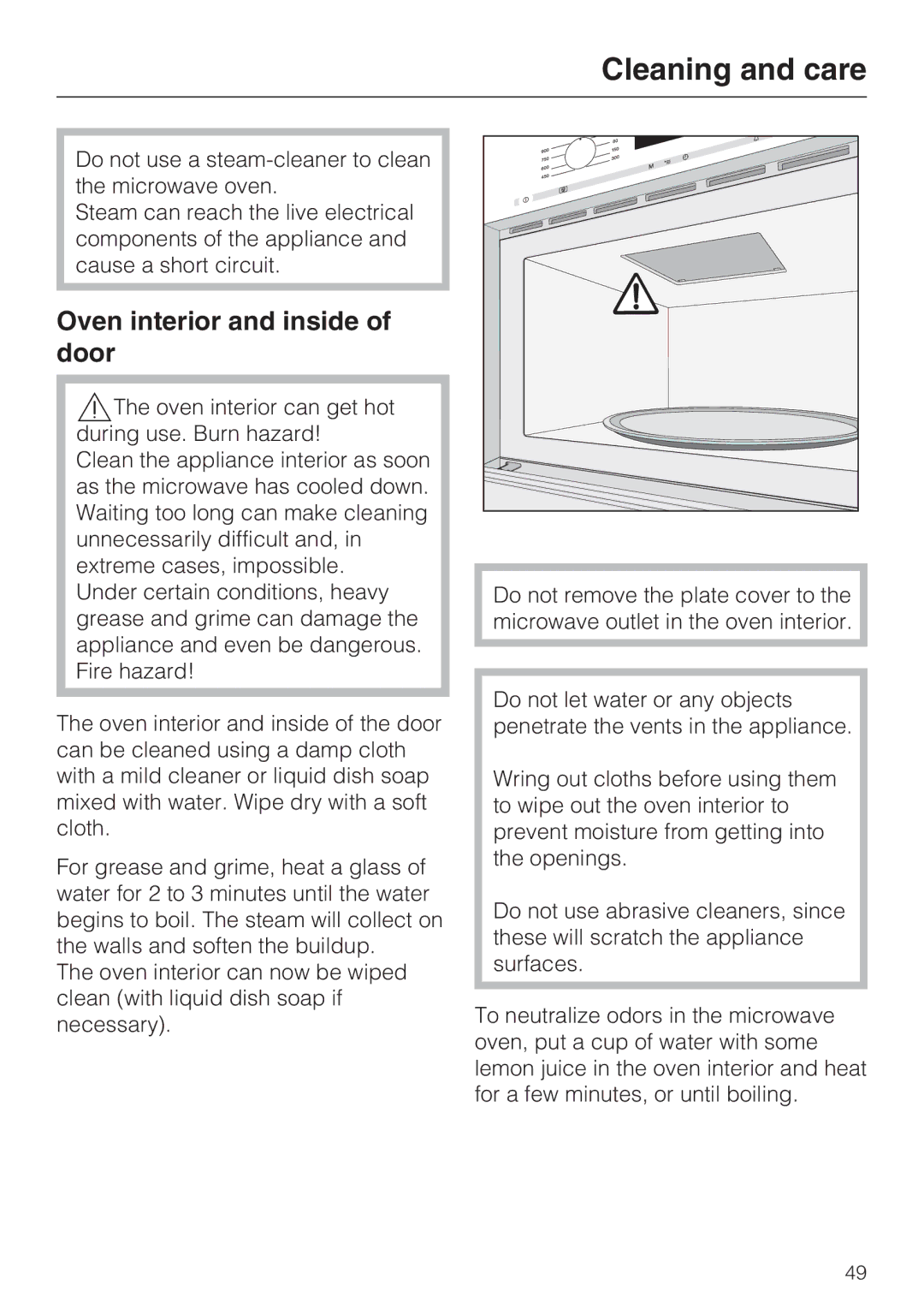 Miele M-Nr 09 798 370 installation instructions Cleaning and care, Oven interior and inside of door 