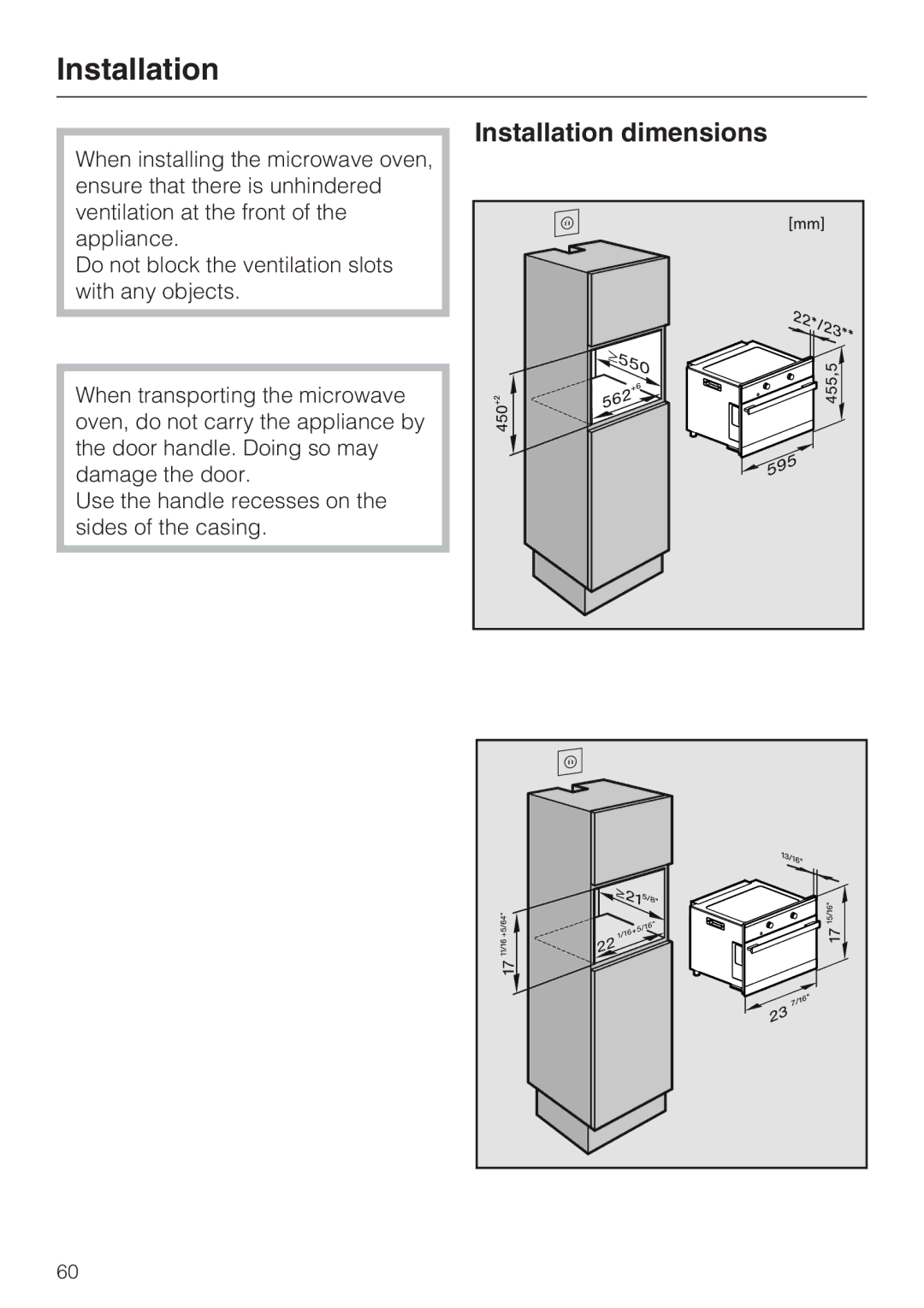 Miele M-Nr 09 798 370 installation instructions Installation dimensions 