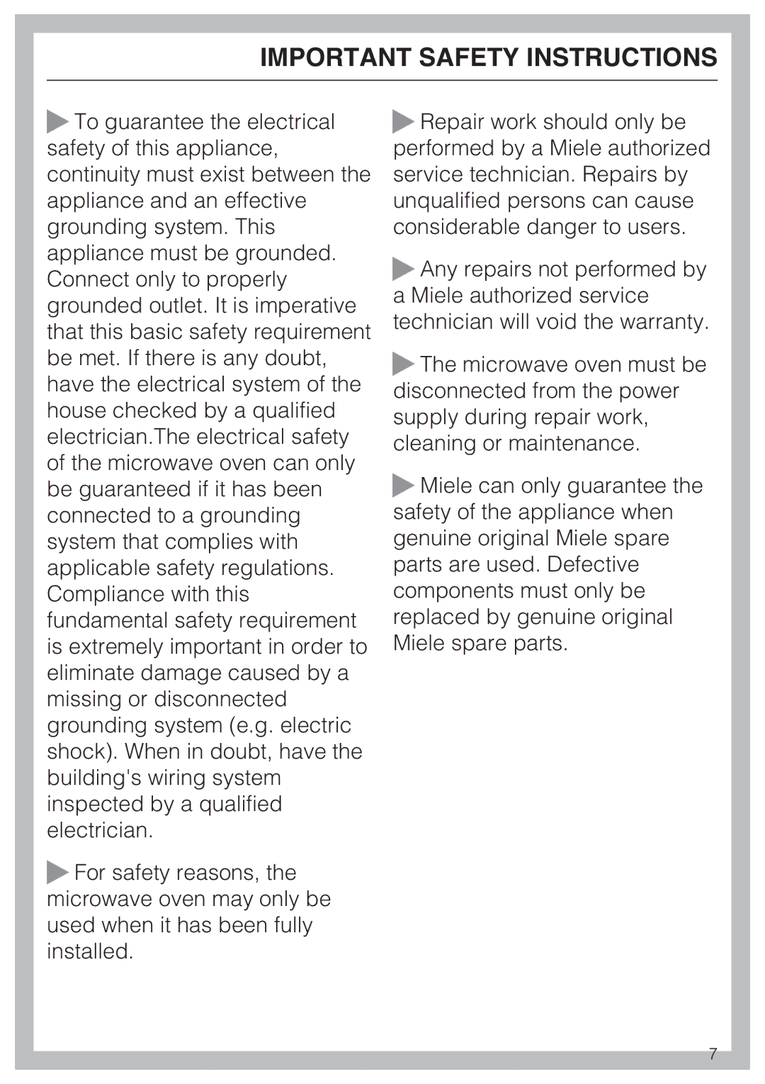 Miele M-Nr 09 798 370 installation instructions Important Safety Instructions 