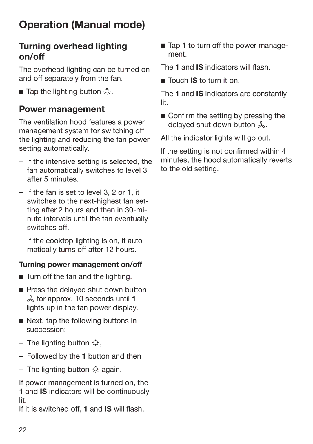 Miele M.-Nr. 09 805 980 Turning overhead lighting on/off, Power management, Turning power management on/off 