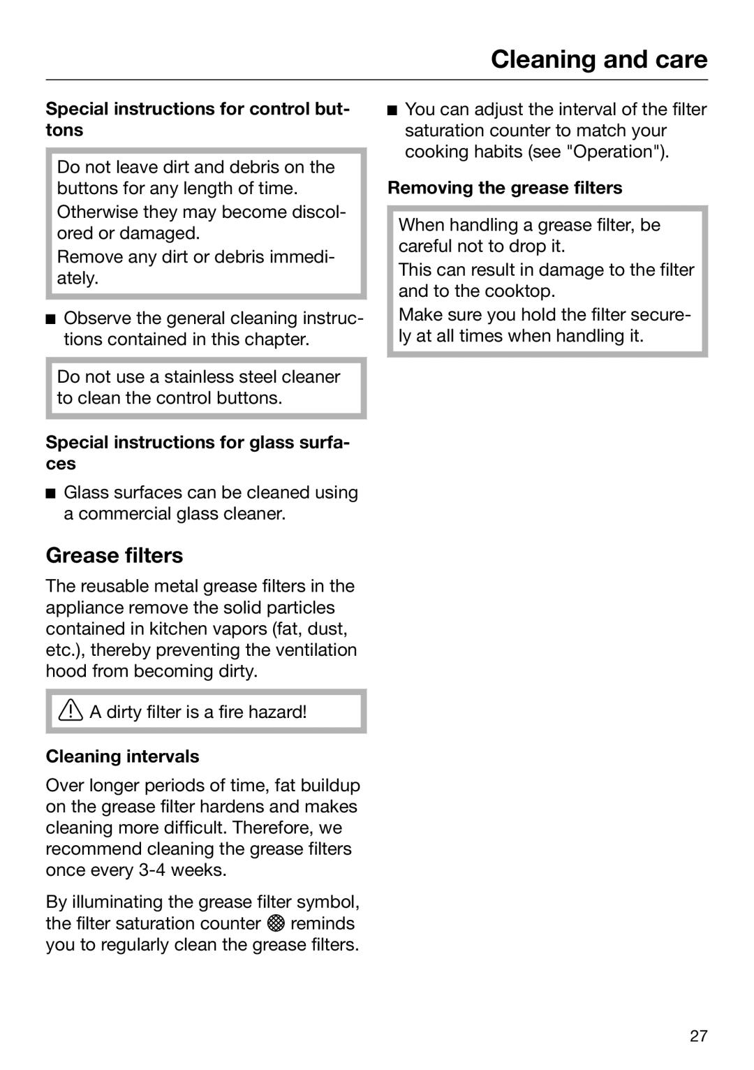 Miele M.-Nr. 09 805 980 Grease filters, Special instructions for control but‐ tons, Cleaning intervals 