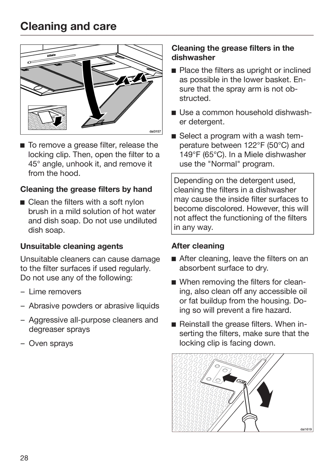 Miele M.-Nr. 09 805 980 Cleaning the grease filters by hand, Unsuitable cleaning agents, After cleaning 