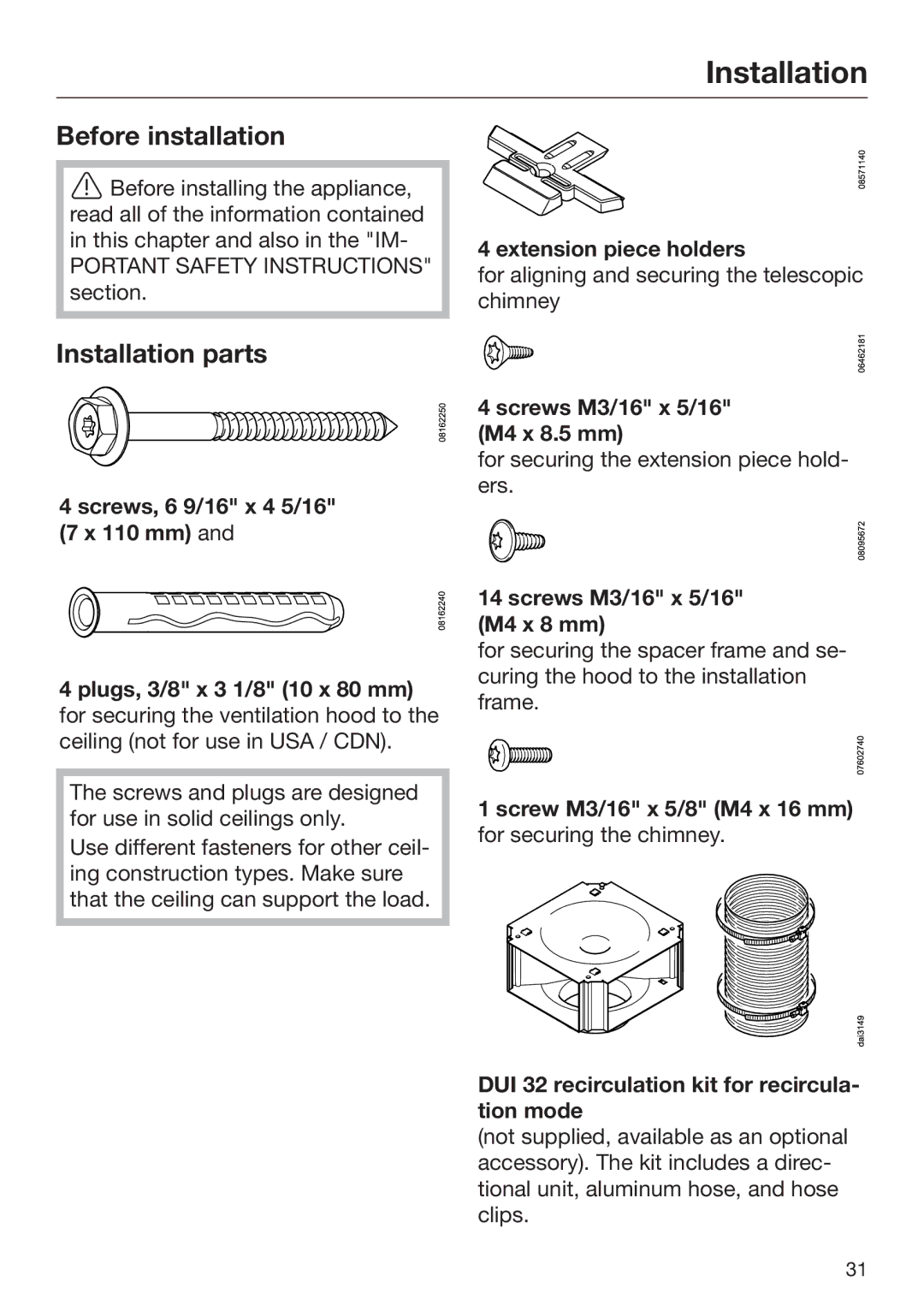 Miele M.-Nr. 09 805 980 installation instructions Before installation, Installation parts 