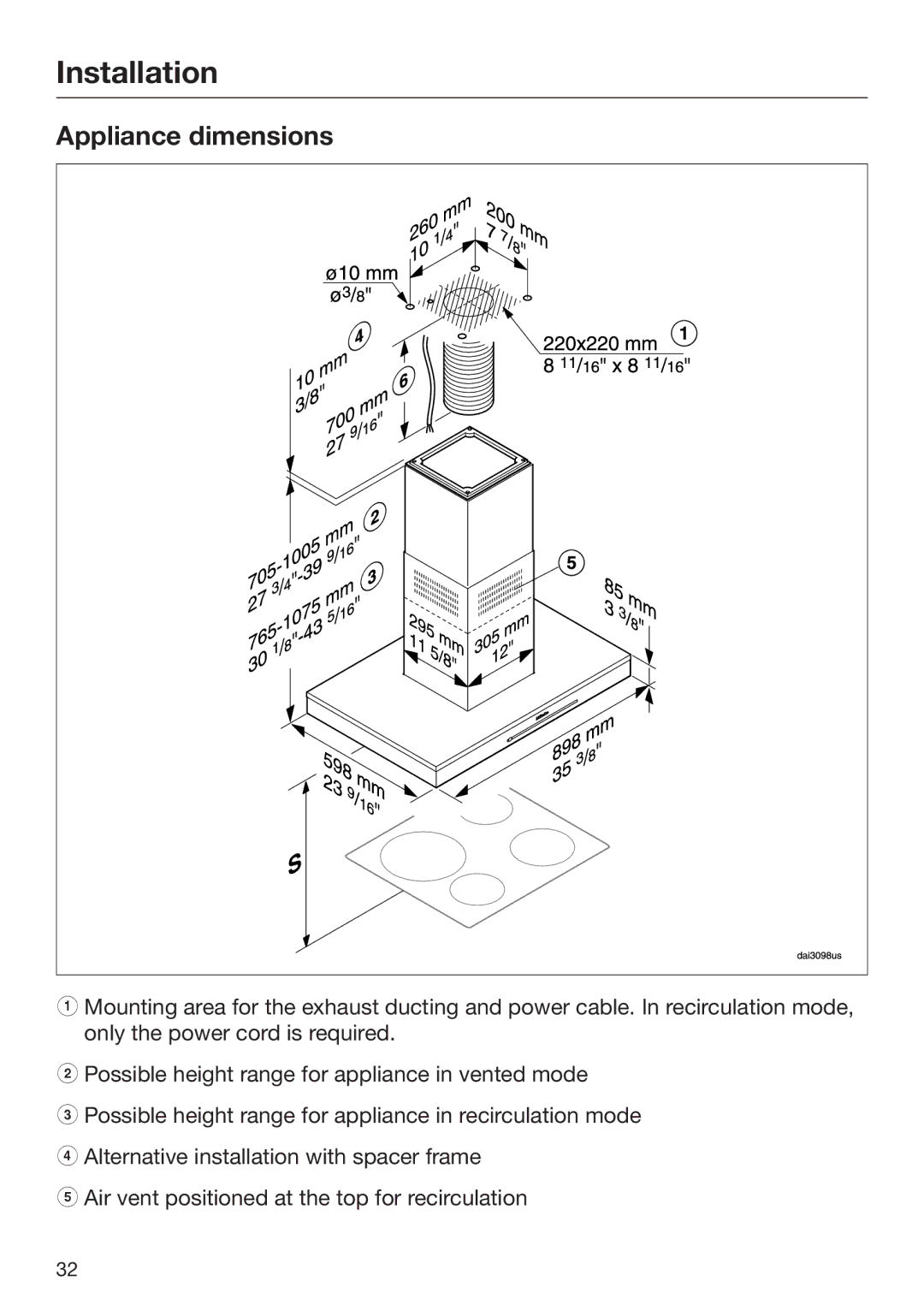 Miele M.-Nr. 09 805 980 installation instructions Appliance dimensions 