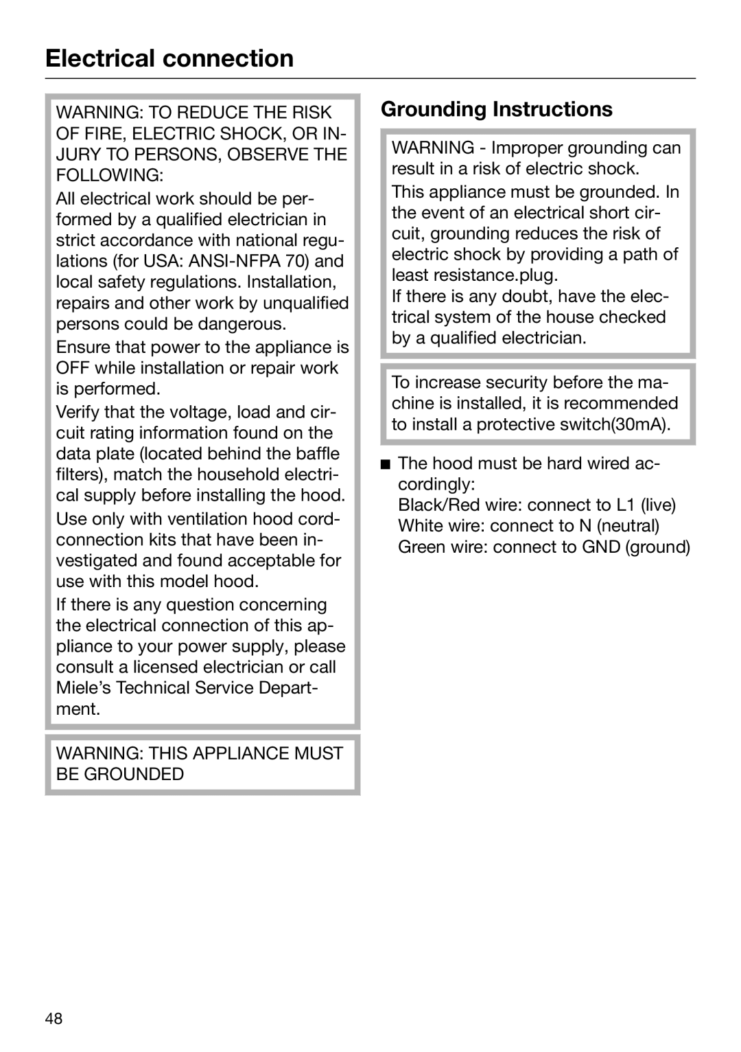 Miele M.-Nr. 09 805 980 installation instructions Electrical connection, Grounding Instructions 