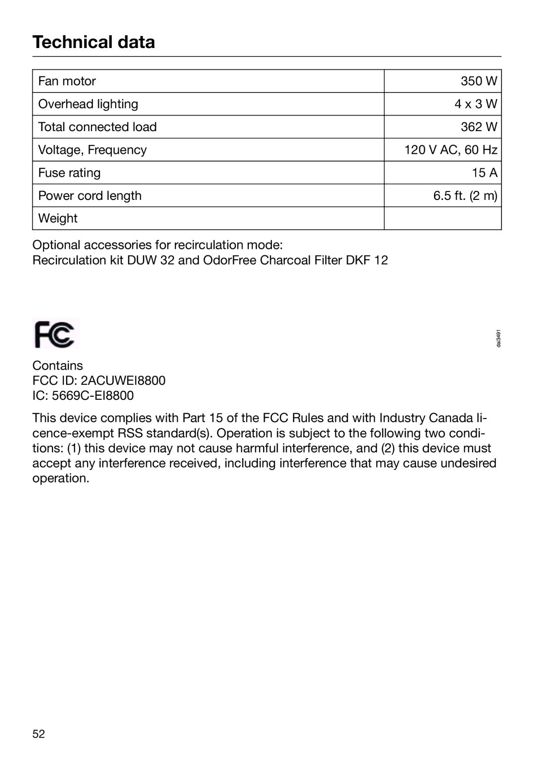 Miele M.-Nr. 09 805 980 installation instructions Technical data, FCC ID 2ACUWEI8800 