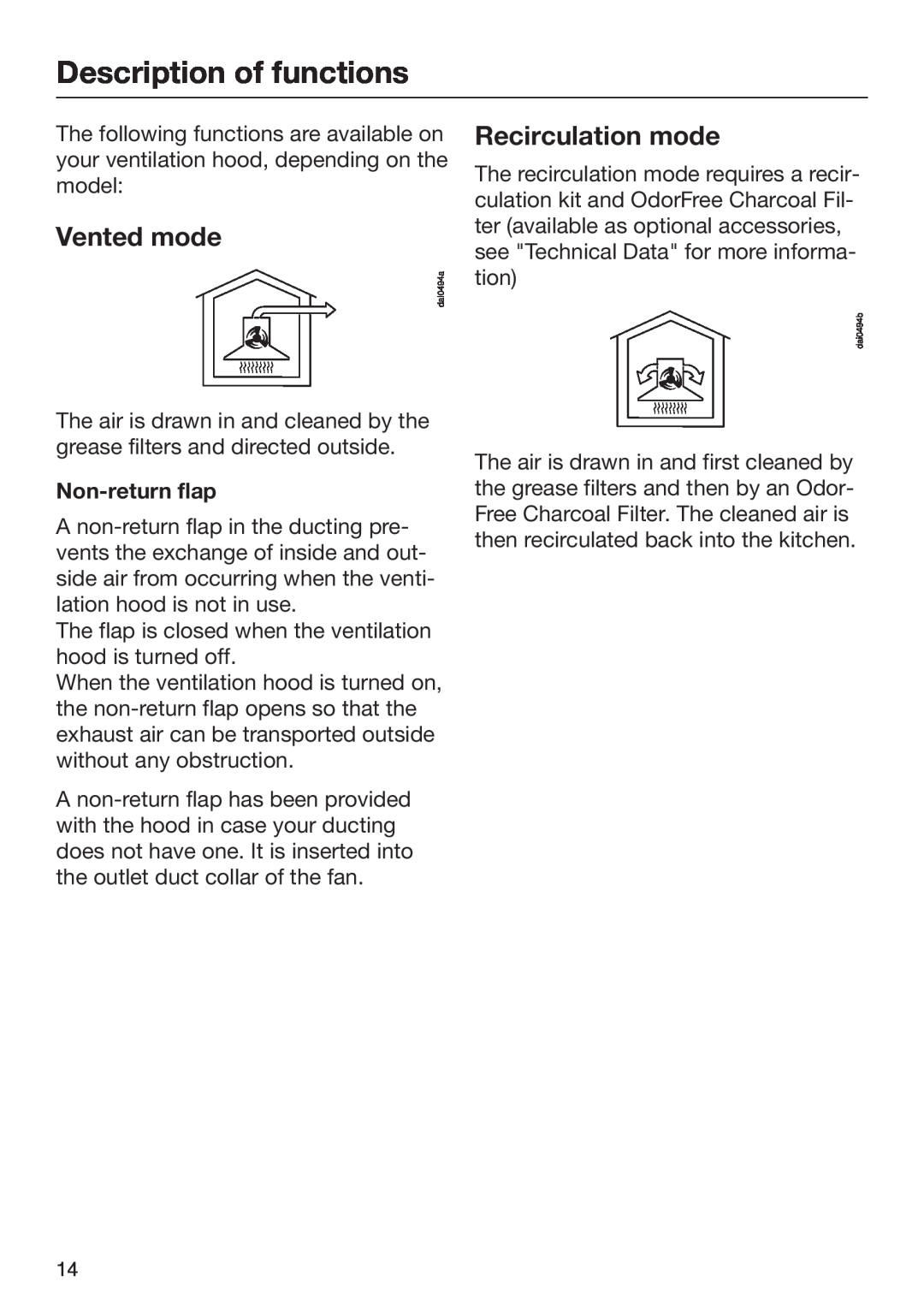 Miele M.-Nr. 09 805 980 installation instructions Description of functions, Vented mode, Recirculation mode, Non-returnflap 