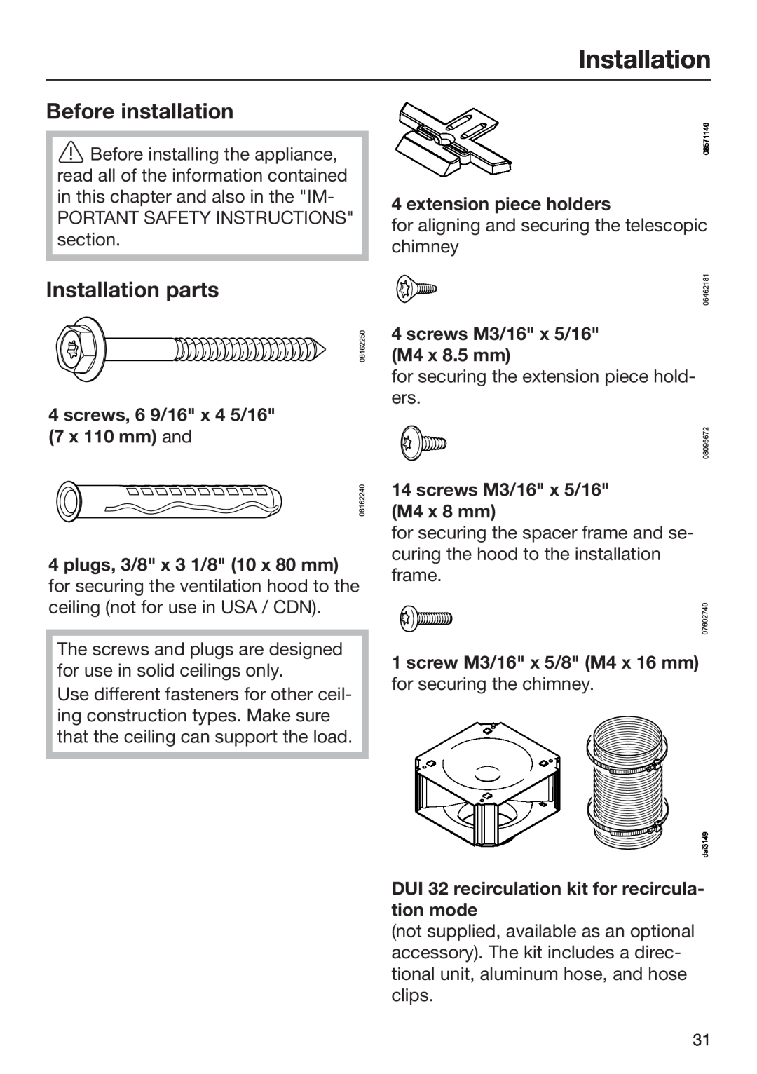 Miele M.-Nr. 09 805 980 installation instructions Before installation, Installation parts, extension piece holders 