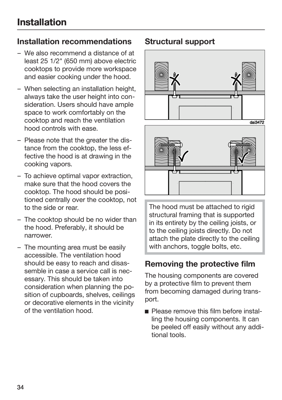 Miele M.-Nr. 09 805 980 Installation recommendations, Structural support, Removing the protective film 